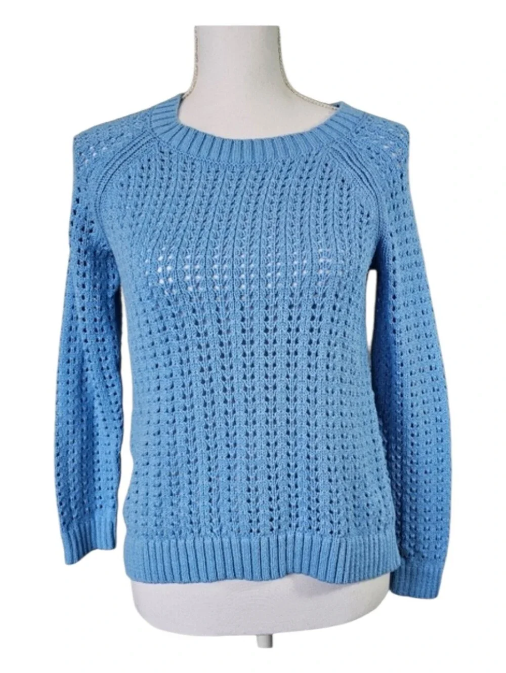 Talbots Sweater Sky‎ Blue Open-Stitch Crewneck Pullover Womens Size SP